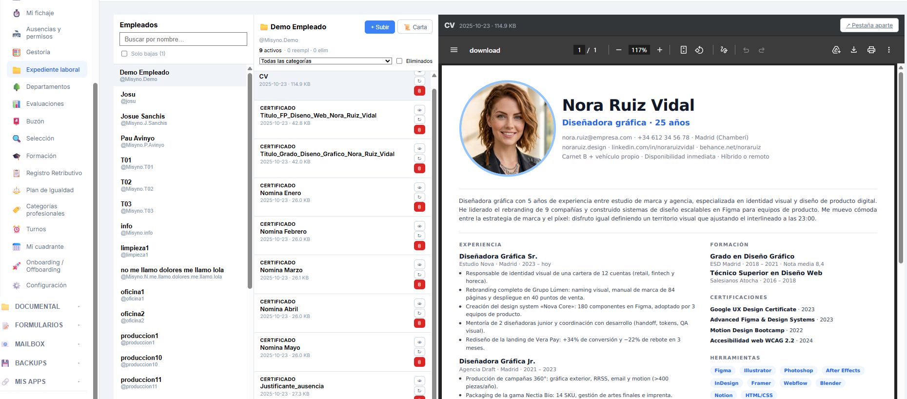 Panel RRHH — Expediente laboral de Nora Ruiz Vidal